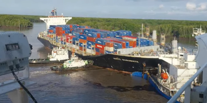 Bulker holed and fuel spilled in collision with container ship