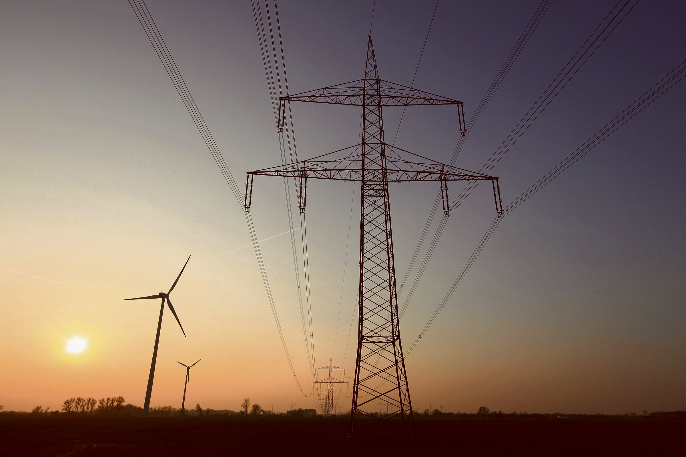 Electricity pylons near Freiwalde, Germany.