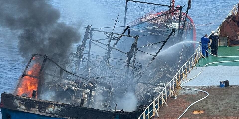 Bulker crew save 34 seafarers from burning fishing boat