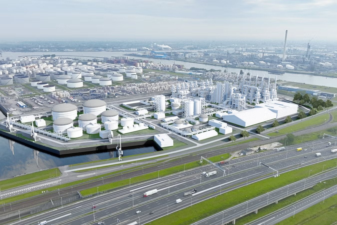 A rendering of Power2X’s e-fuels hub at the Port of Rotterdam.
