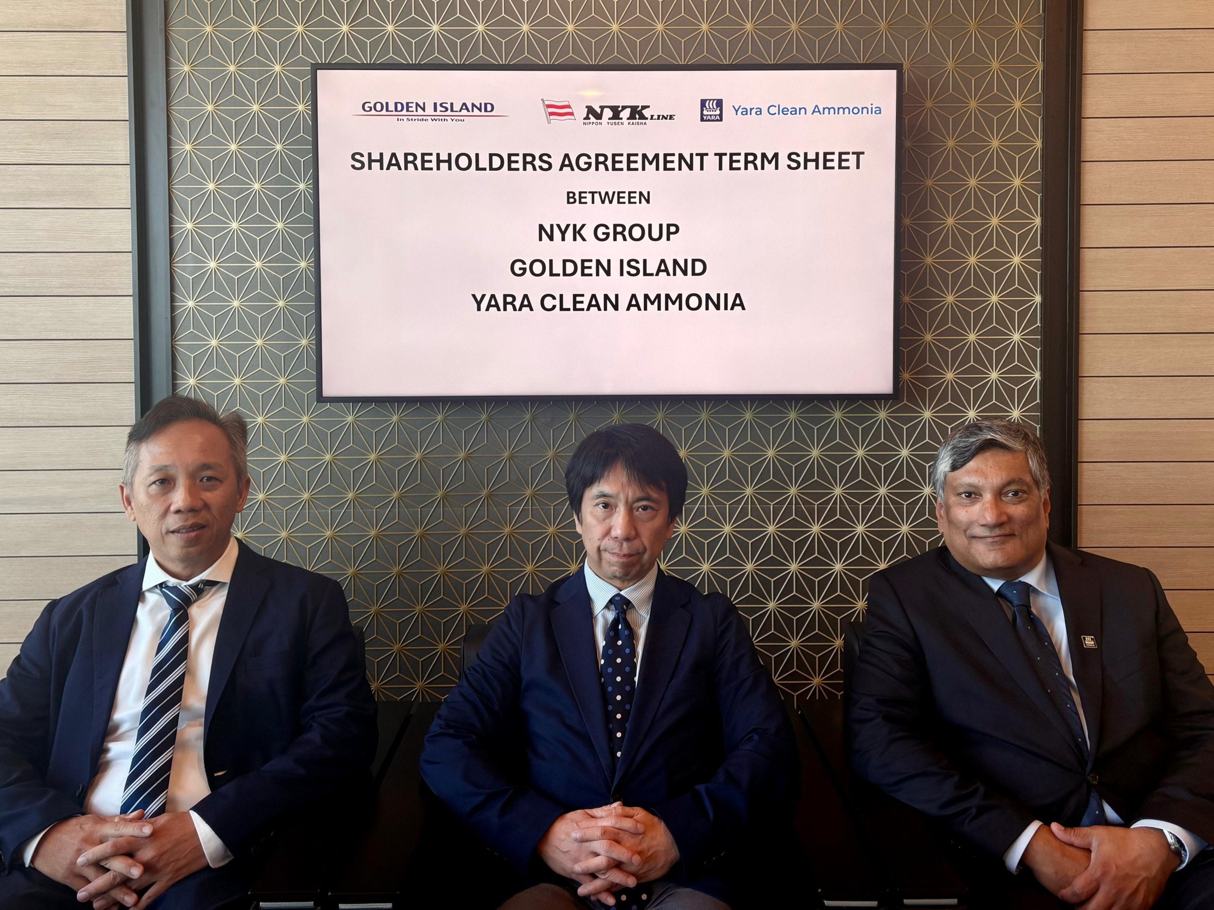 From left: Johnny Tan (managing director, Golden Island), Atsuya Nojiri (managing director, NYK Bulkship Asia) and Murali Srinivasan (senior vice president, Yara Clean Ammonia)