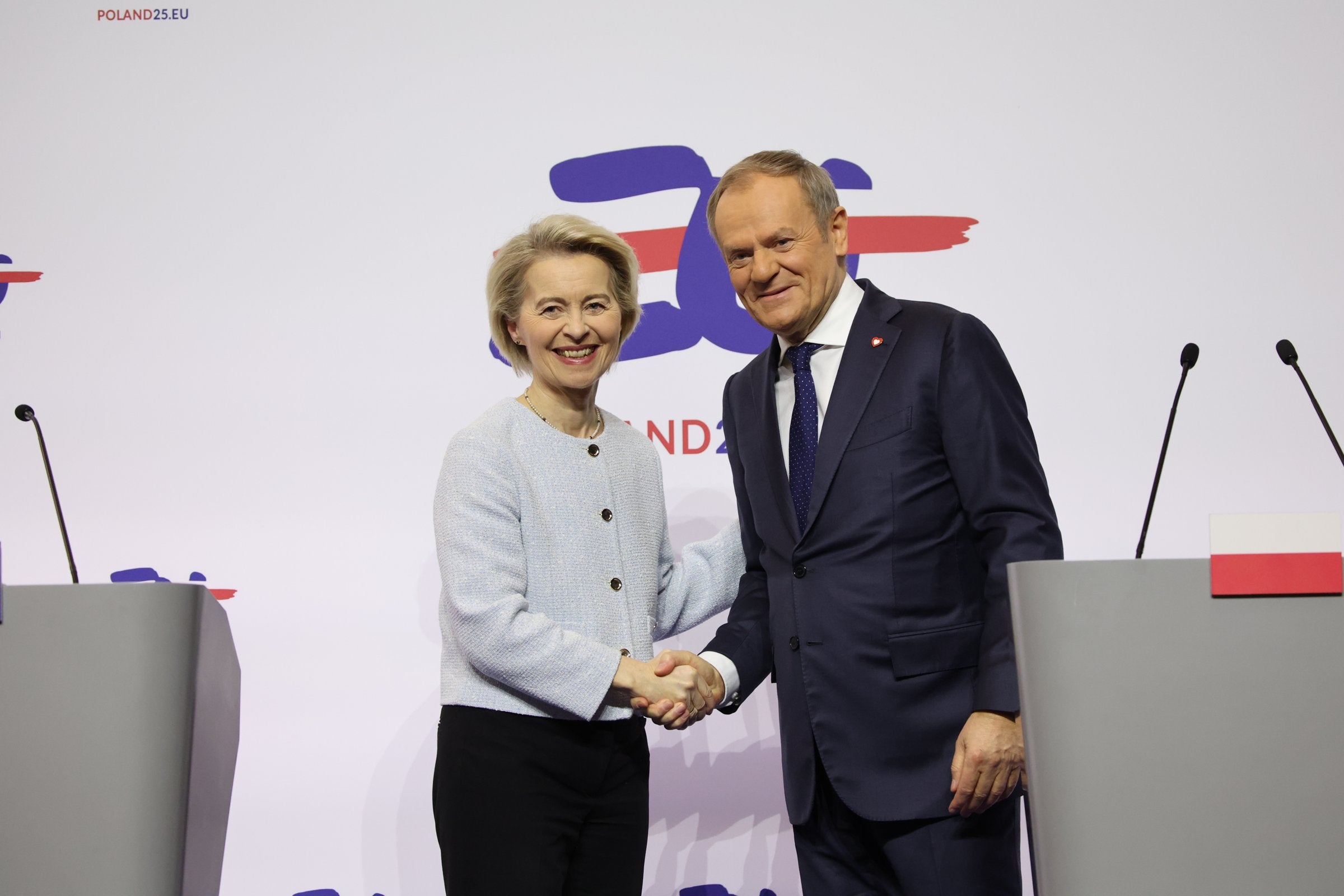 European Commission president Ursula von der Leyen shaking hands with Polish prime minister Donald Tusk in Gdansk last year.
