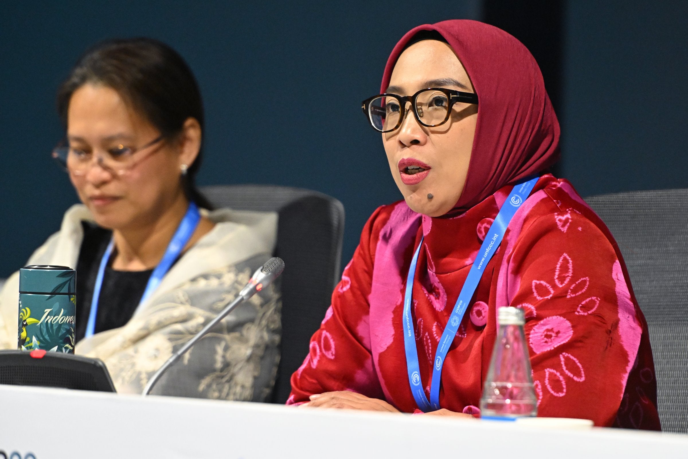 Eniya Listiani Dewi, director-general of new, renewable energy and energy conservation at the Ministry of Energy and Mineral Resources, right, pictured speaking at COP29 in Azerbaijan in 2024.