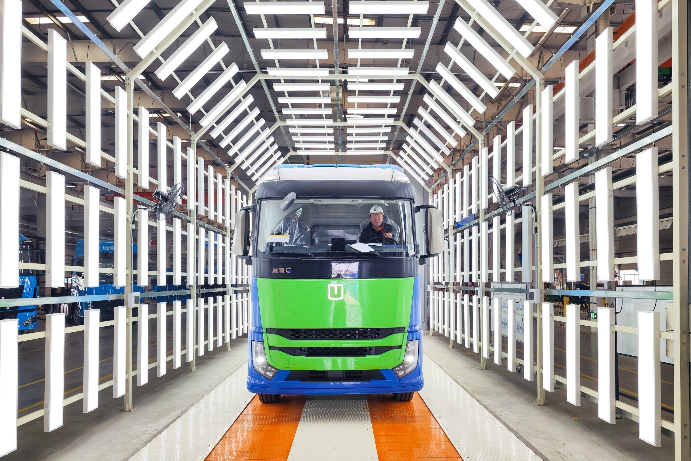 A Farizon-branded hydrogen fuel-cell truck, manufactured by Geely, rolls off the production line in Tianjin, China.