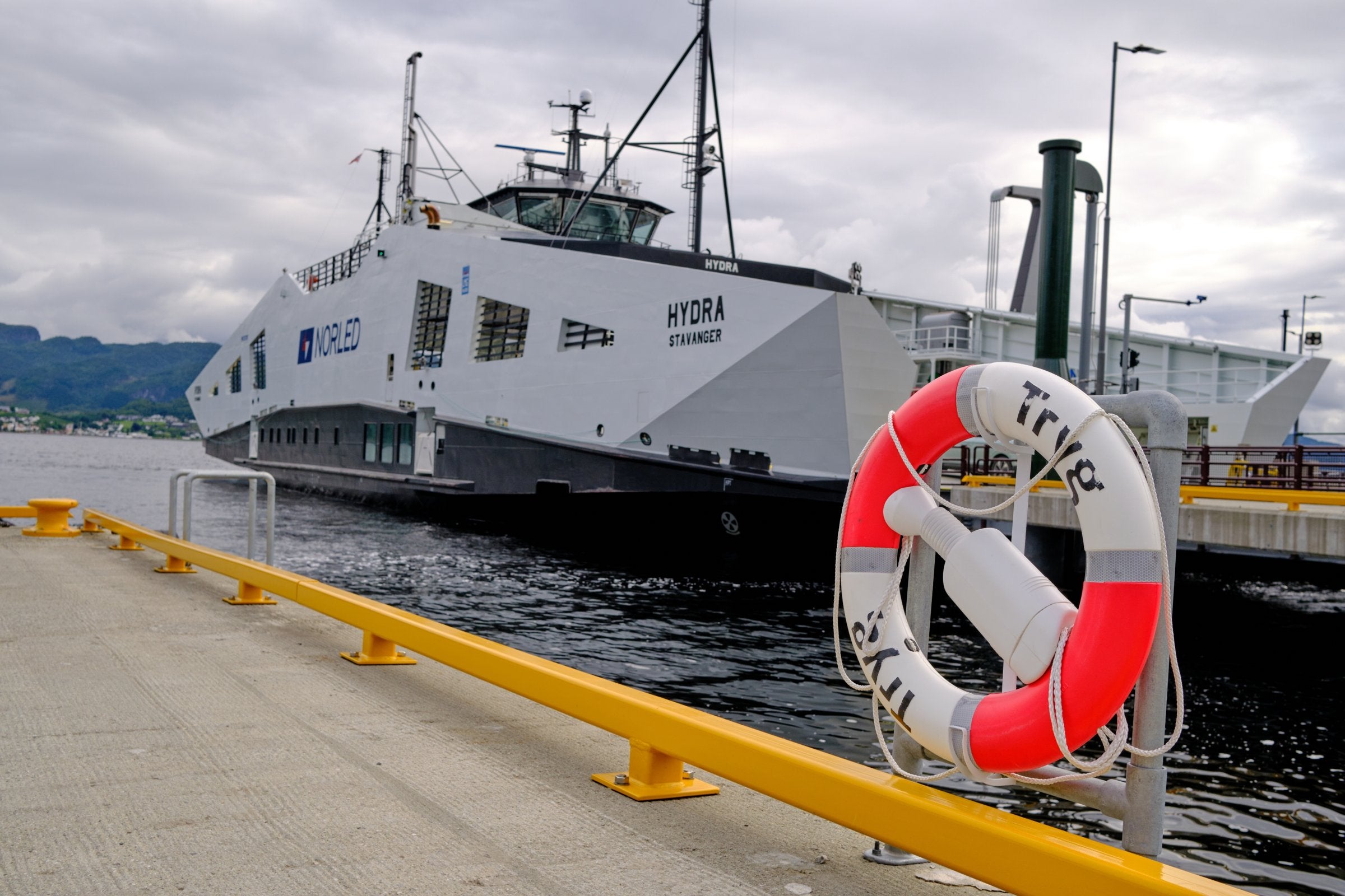 MF Hydra, the world's first hydrogen-fuel-cell ferry, at a dock in Norway