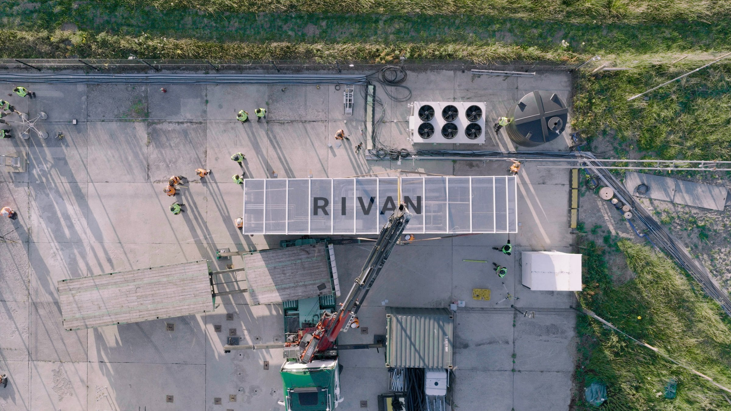 An overhead view of the 1MW Rivan module being put into place in Wiltshire, England.