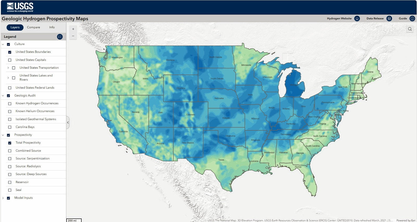 Map plotting likelihood of natural hydrogen occurrences across the US ...